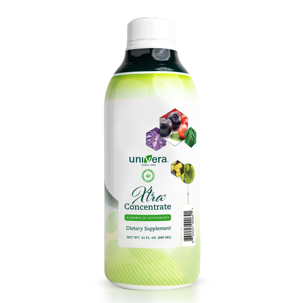 Univera Xtra Concentrate bottle front showing the 33oz liquid formula and branding for energy support.