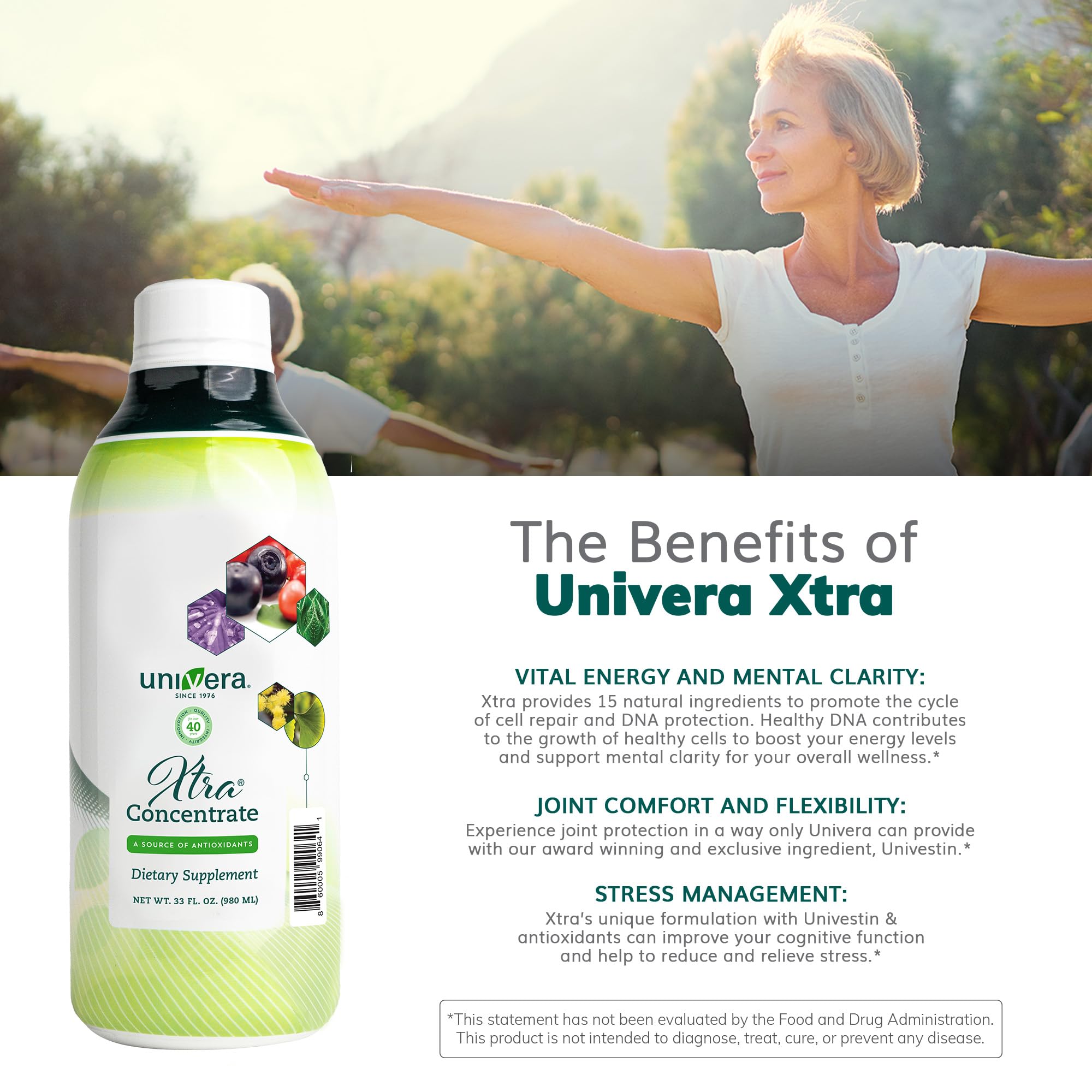 Close-up of the Univera Xtra Concentrate label highlighting the bottle size and natural blend.