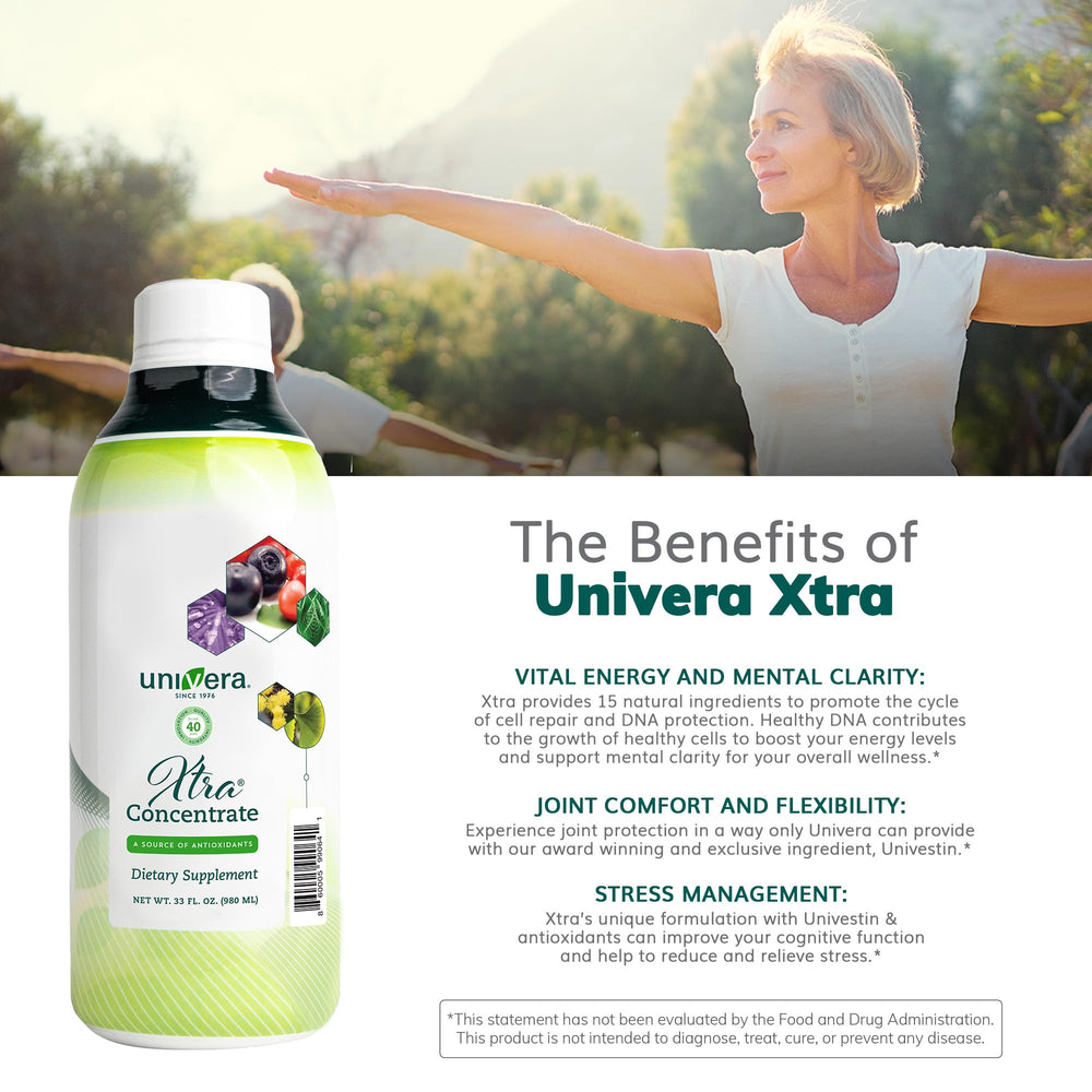 Close-up of the Univera Xtra Concentrate label highlighting the bottle size and natural blend.