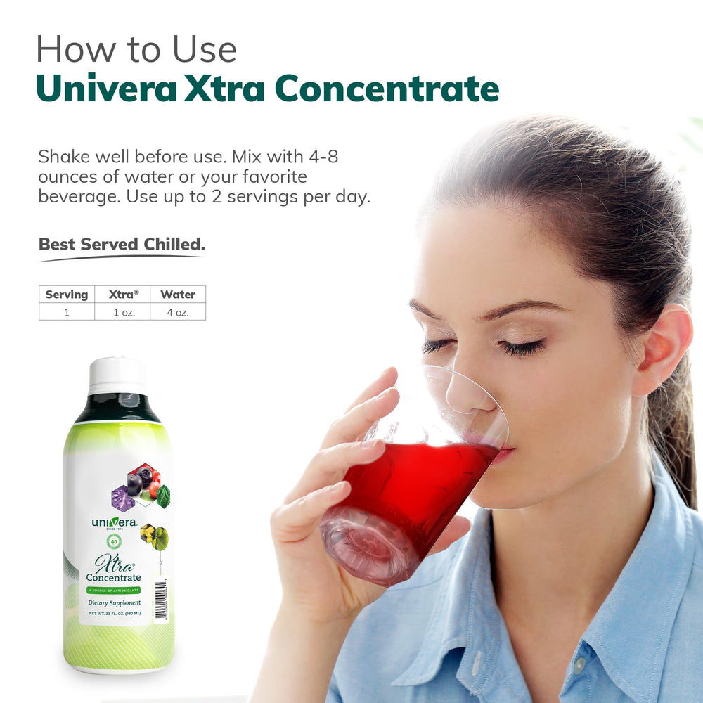 Univera Xtra Concentrate packaging beside a glass, emphasizing daily use and antioxidants.