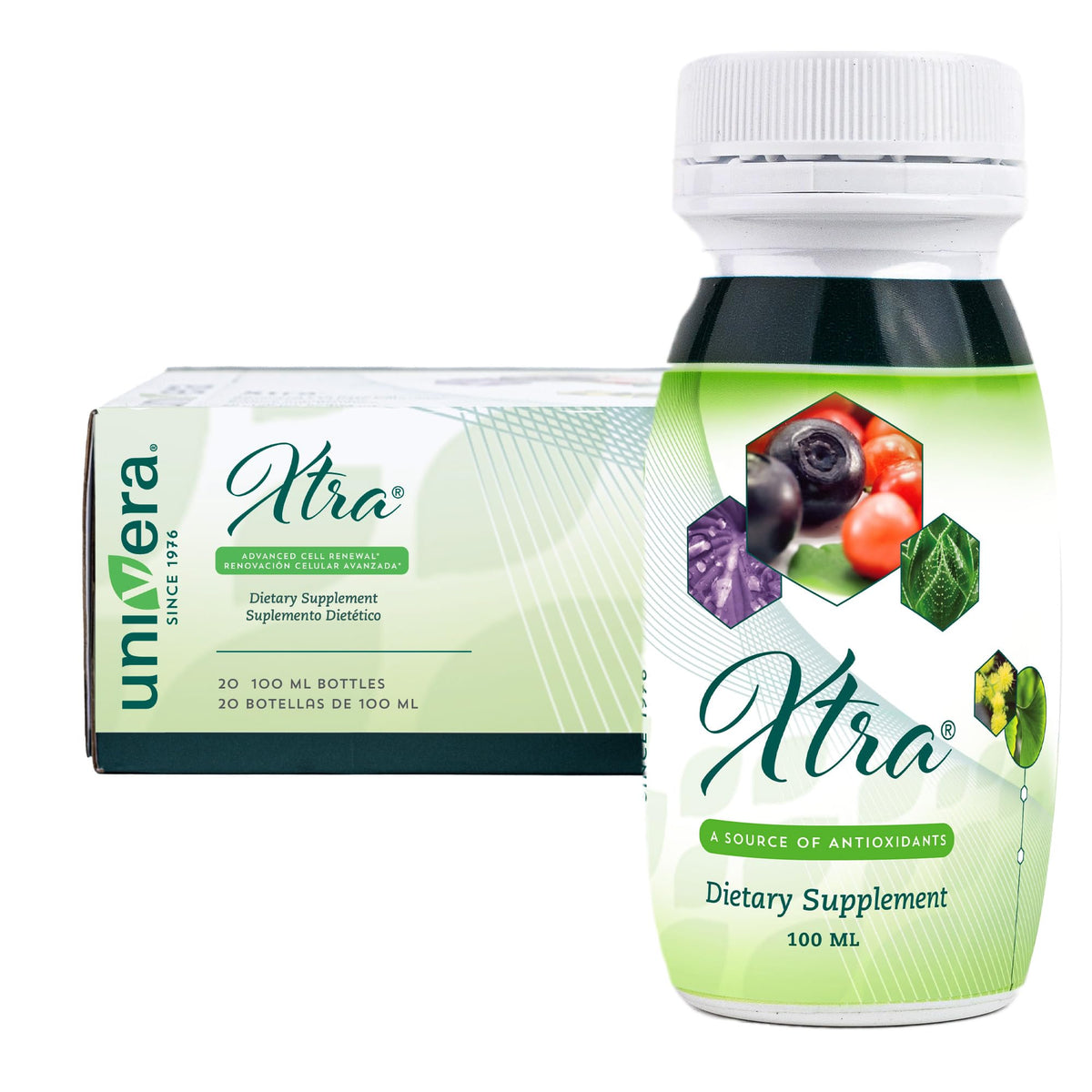 Univera Xtra Minis bottle pour illustrates convenient, on-the-go energy for focused work.