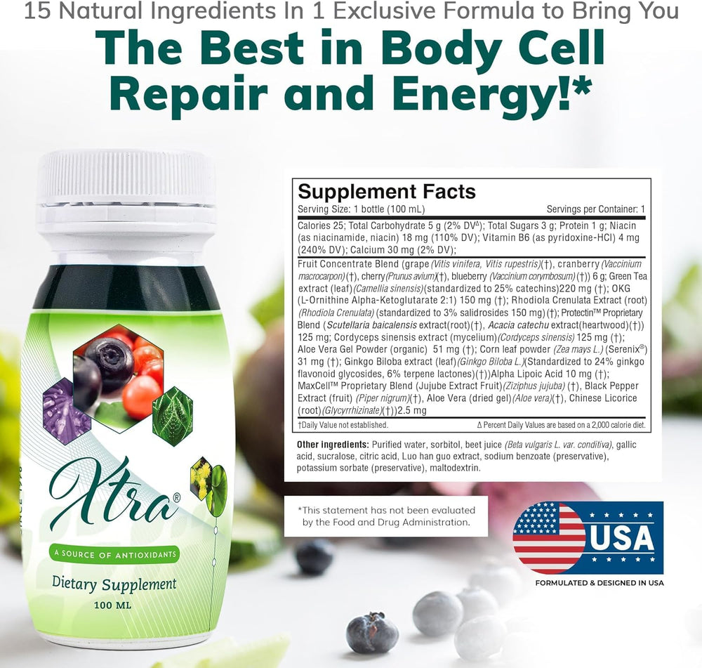 Univera Xtra Minis serving shot showcases a ready-to-drink solution for daily vitality.