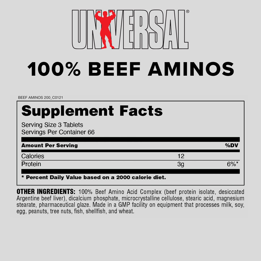 Front view of Universal Nutrition Beef Aminos package highlighting 3 g beef protein