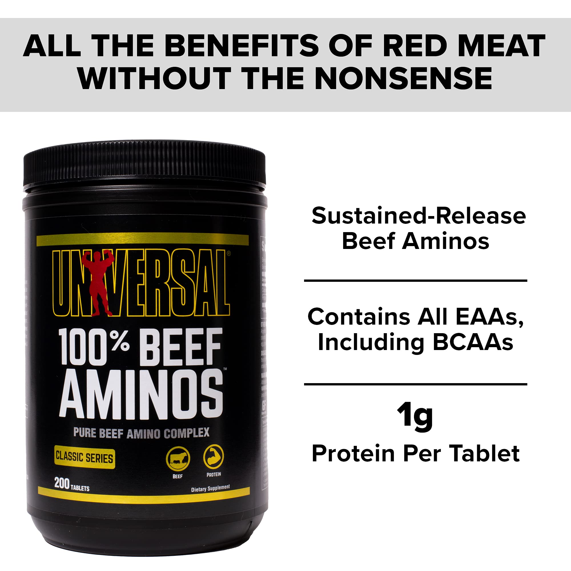 Close-up of Universal Nutrition Beef Aminos tablets showing compact form