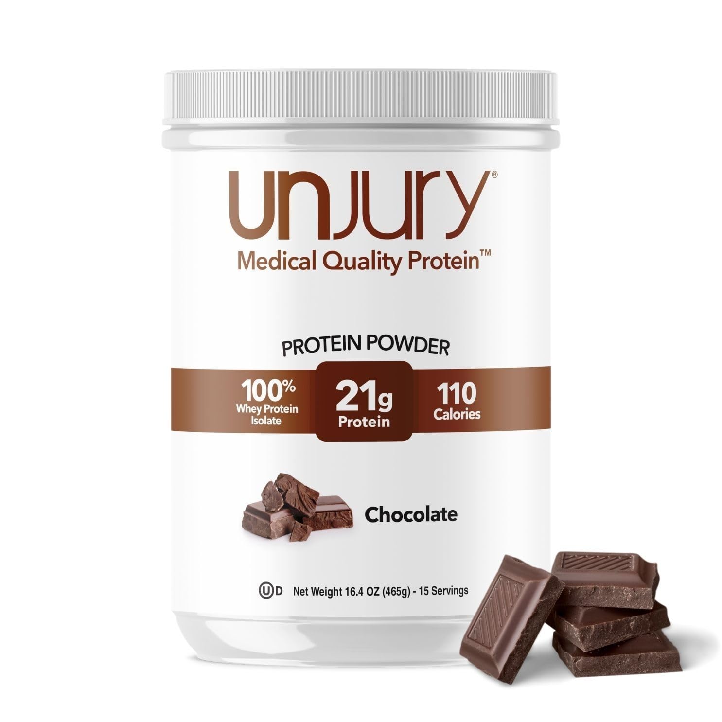 Unjury chocolate whey protein powder jar ready for a creamy shake.