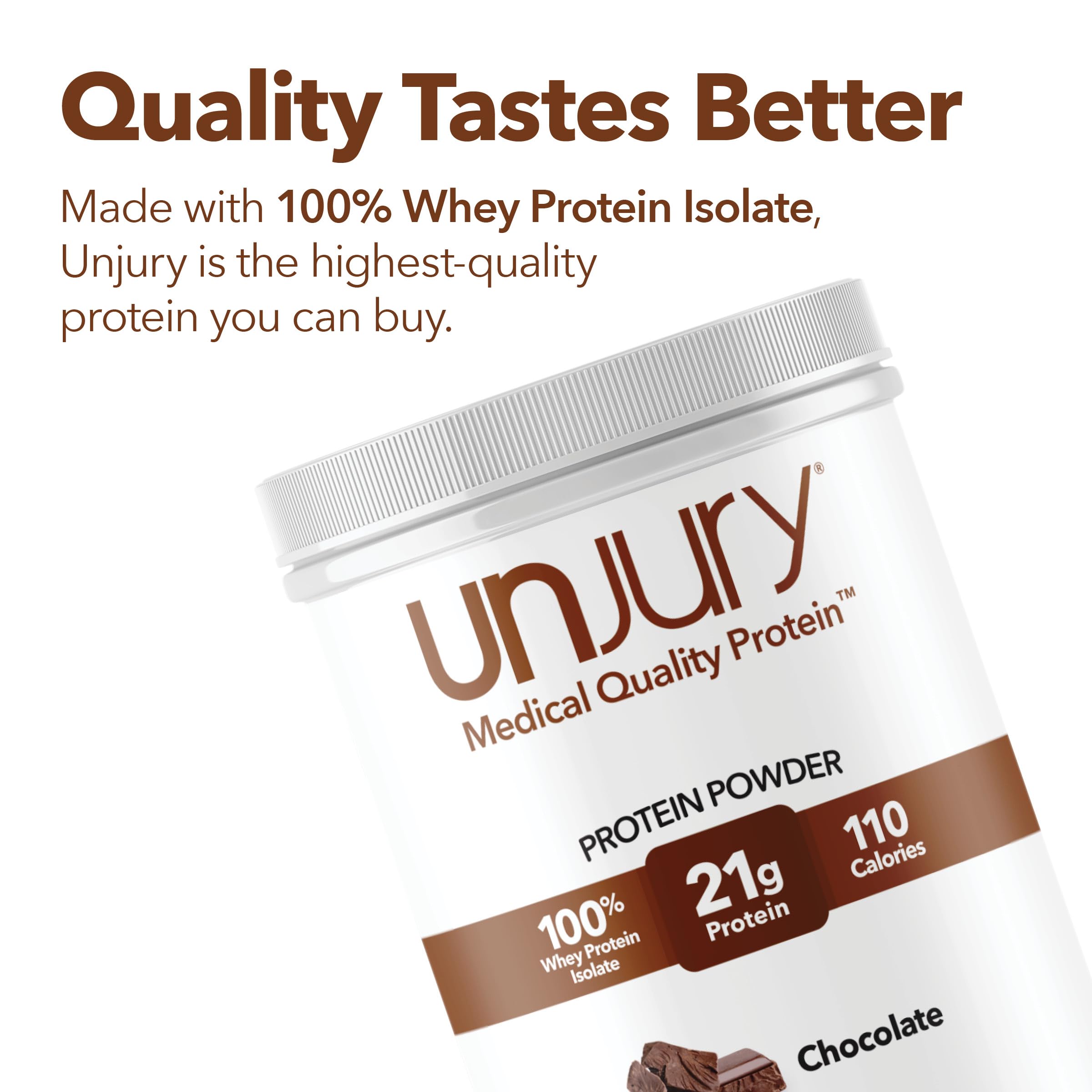 Unjury chocolate whey protein powder shake in glass showing smooth blend.