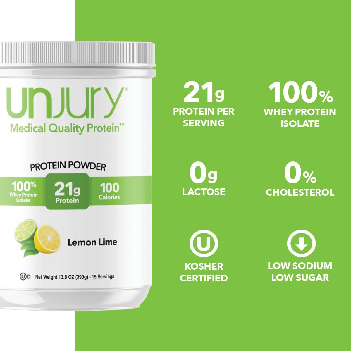 Unjury Lemon Lime bottle label emphasizes gluten-free and kosher-certified quality.