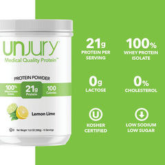 Unjury Lemon Lime bottle label emphasizes gluten-free and kosher-certified quality.