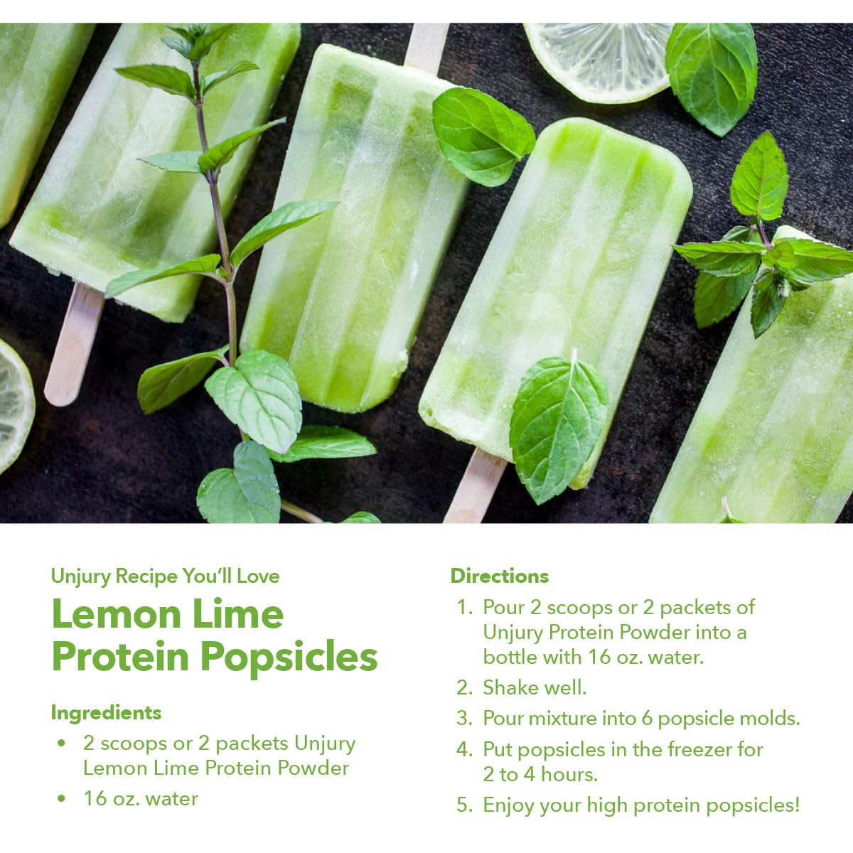 Unjury Lemon Lime ingredients panel hints lactose-free, low-carb protein options.