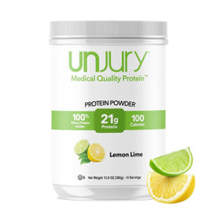 Unjury Lemon Lime whey isolate jar highlights premium protein for daily meals.