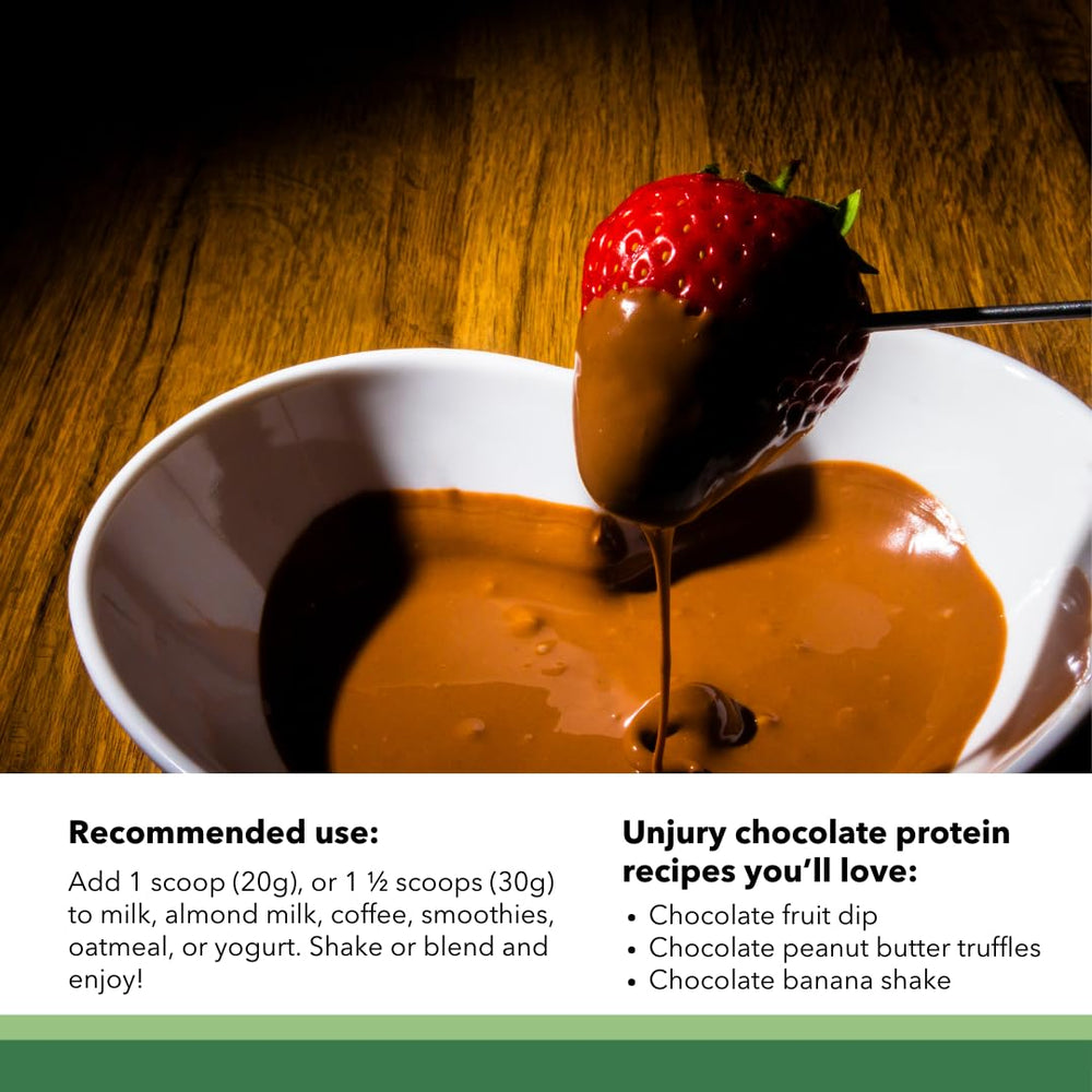 Unjury Planted vegan chocolate protein poured into a glass makes a rich shake.