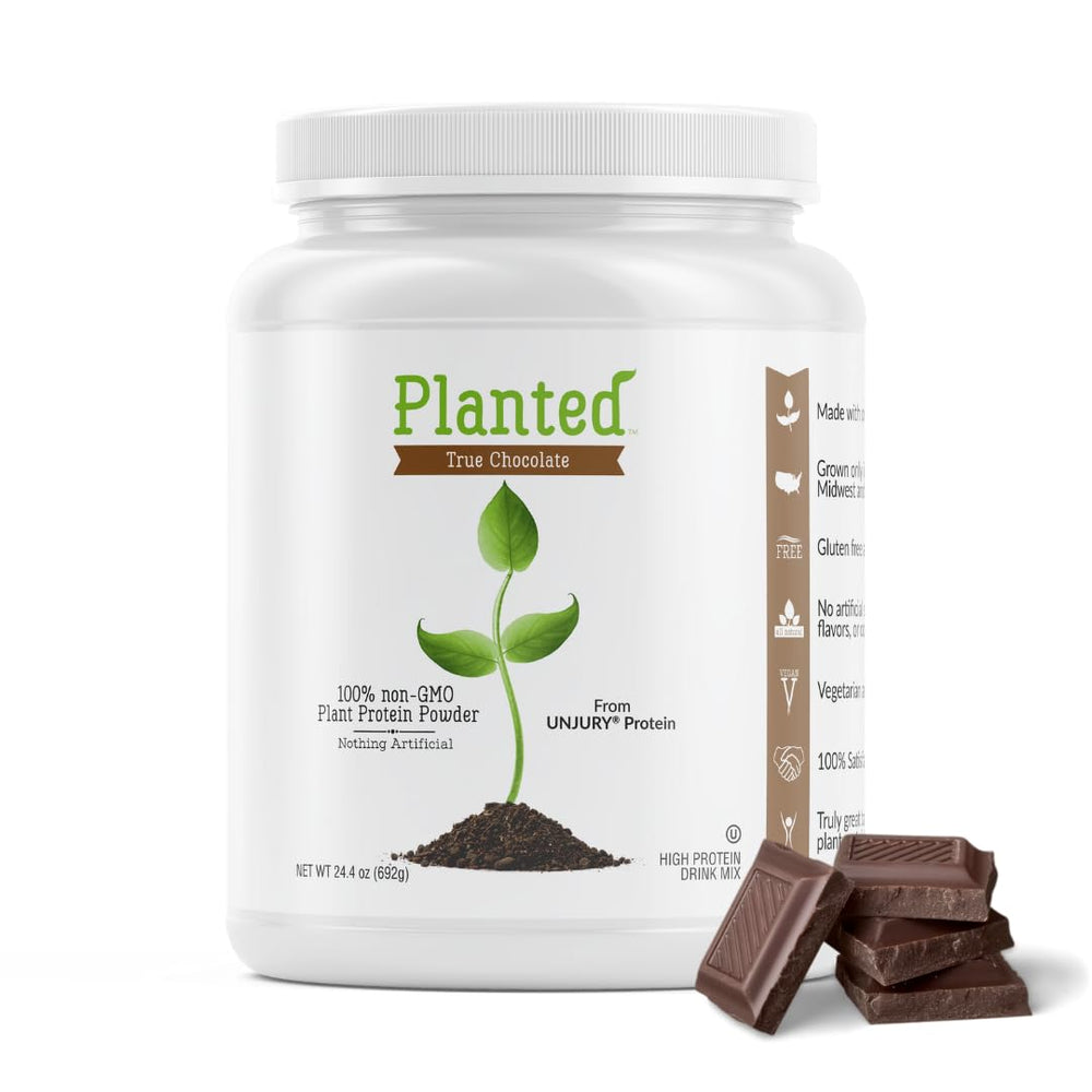 Unjury Planted vegan chocolate powder in a jar highlights a dairy-free protein option.