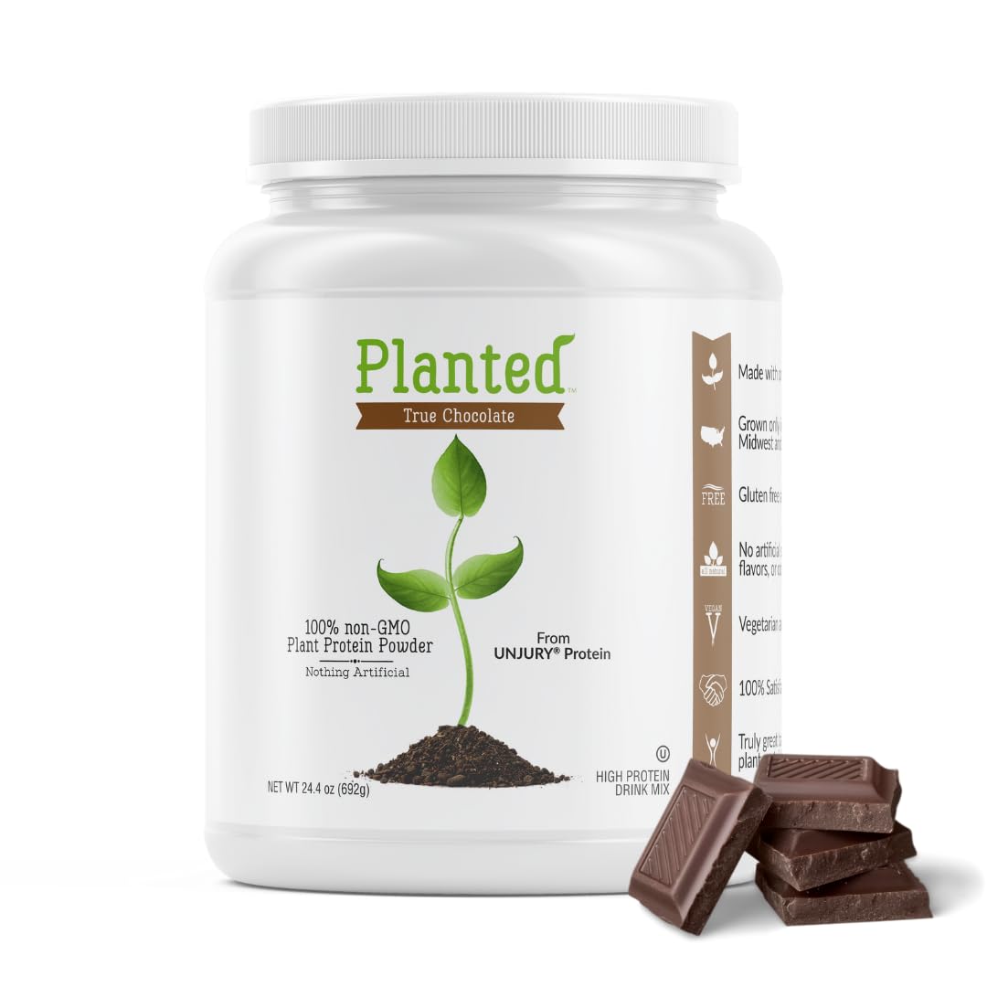 Unjury Planted vegan chocolate powder in a jar highlights a dairy-free protein option.