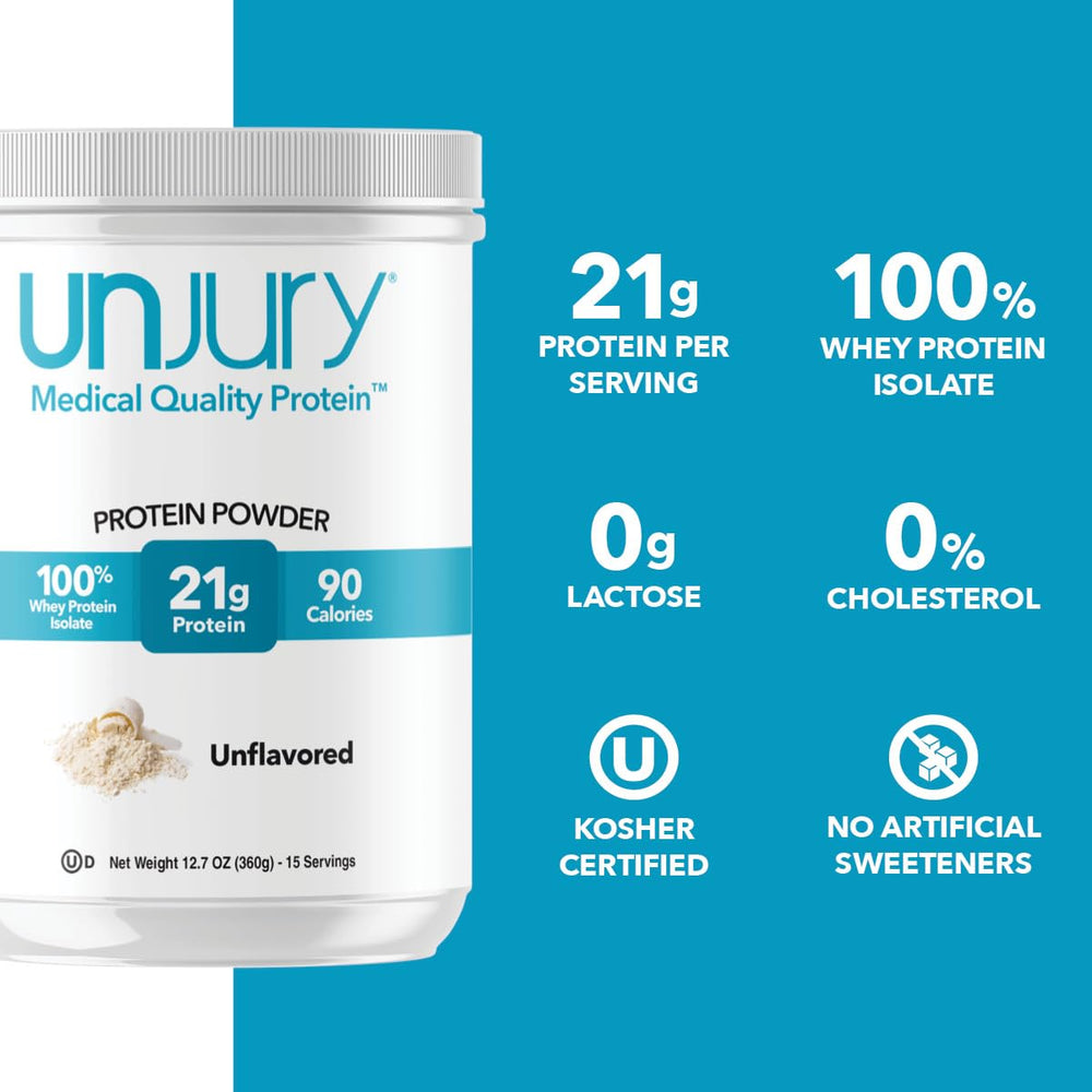 Unjury protein powder container with clear nutrition details for informed use.