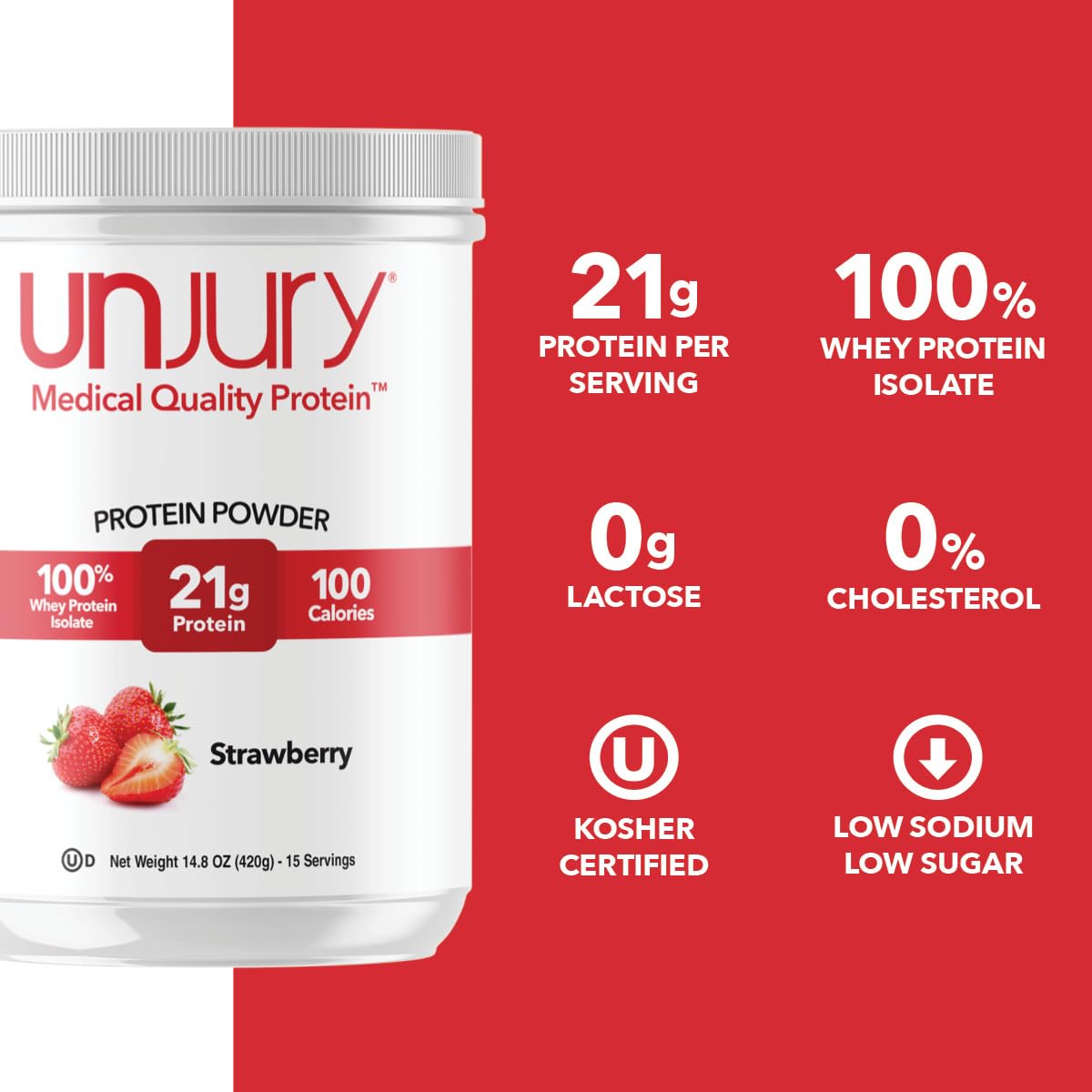 Unjury Strawberry whey isolate label highlighting gluten-free and kosher certification.