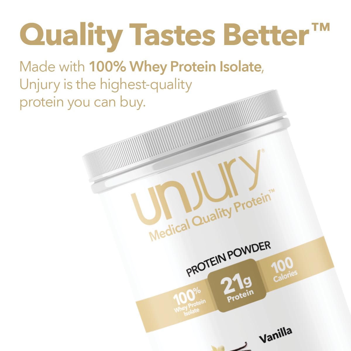 Close-up of Unjury Vanilla protein tub with serving information