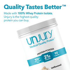 Unjury whey isolate powder jar offers lactose-free option for gentle protein boosts.