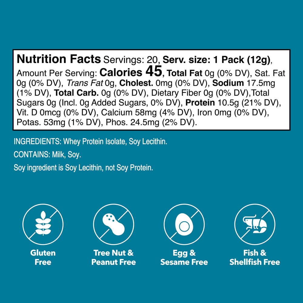 Unjury whey isolate stick pack contents shown for quick shakes with milk or water.
