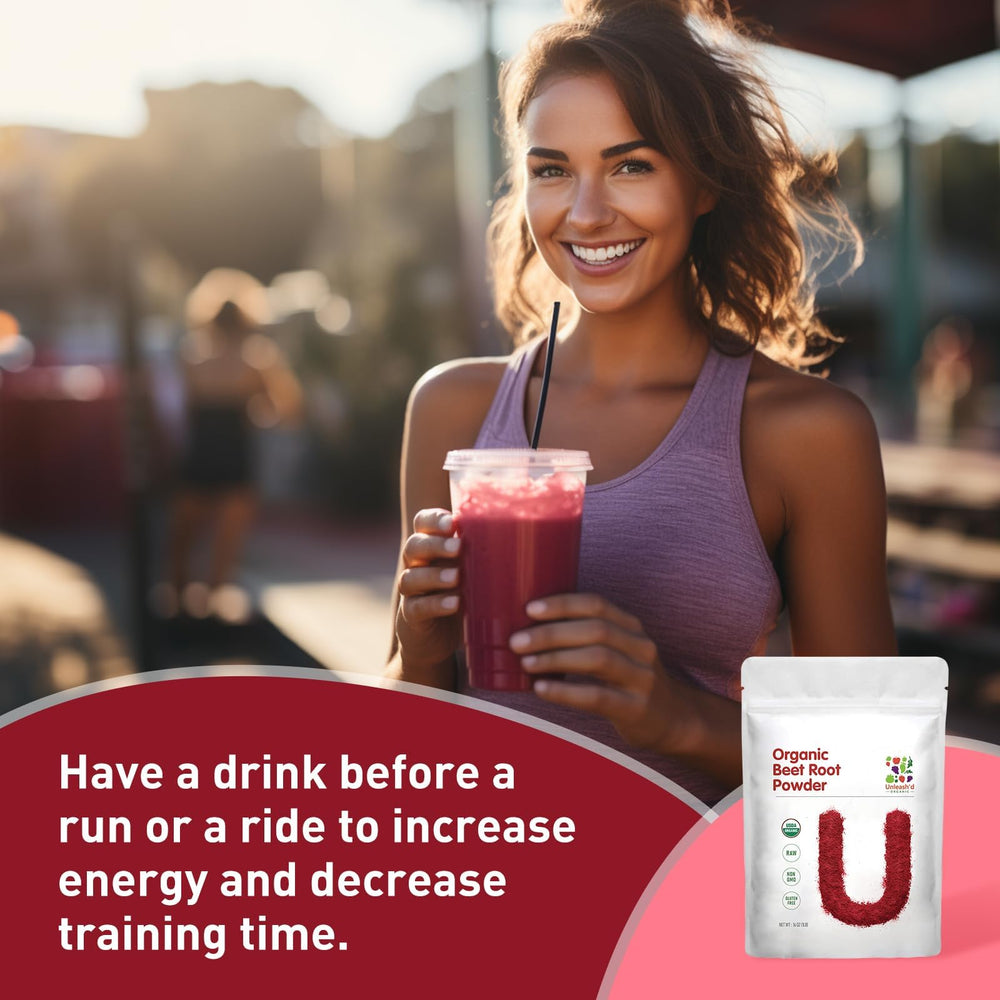 UNLEASH'D ORGANIC Beet Root Powder label close-up featuring betaine and potassium nutrients.
