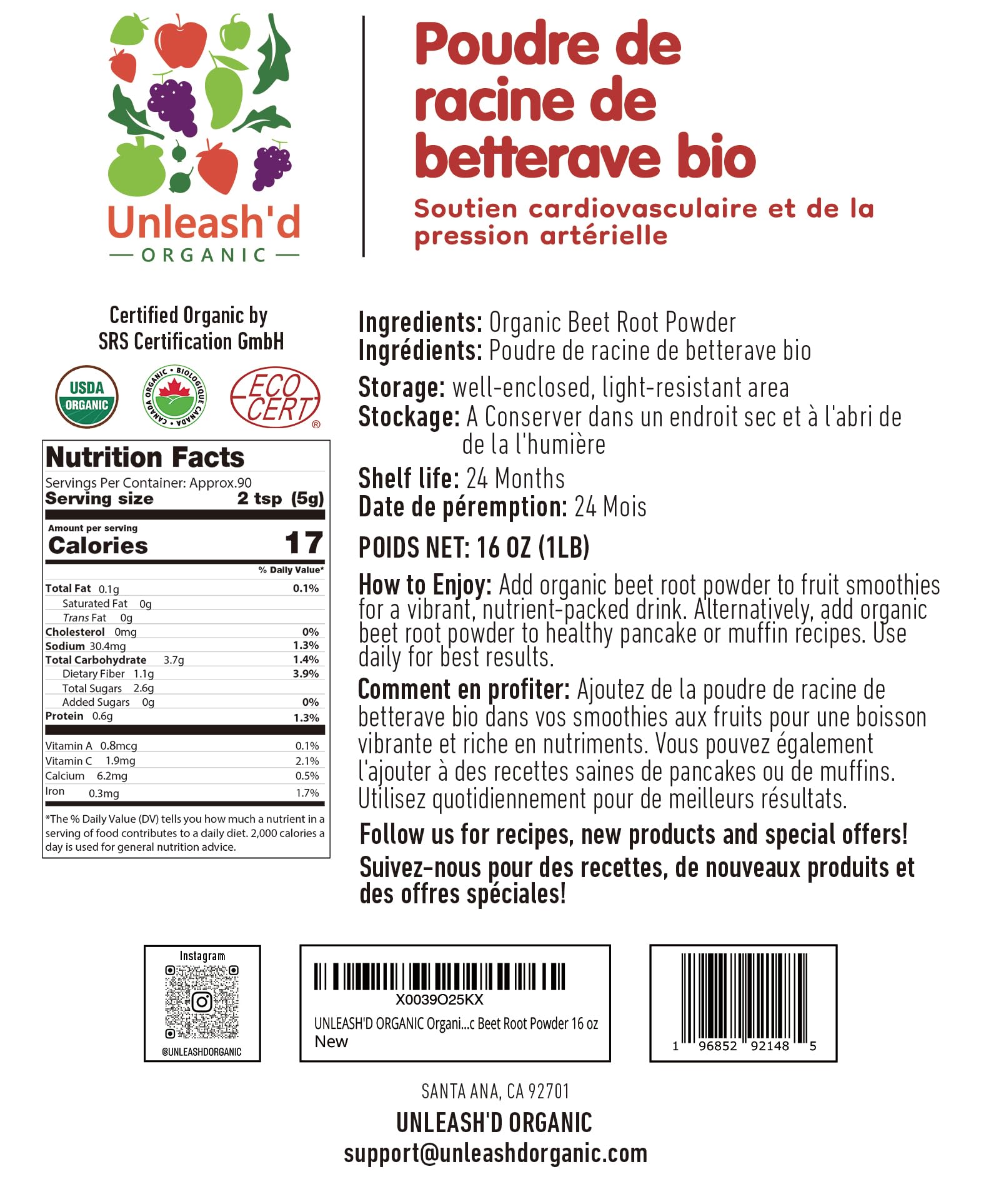 UNLEASH'D ORGANIC Beet Root Powder packaging highlighting non-GMO and antioxidant-rich profile.