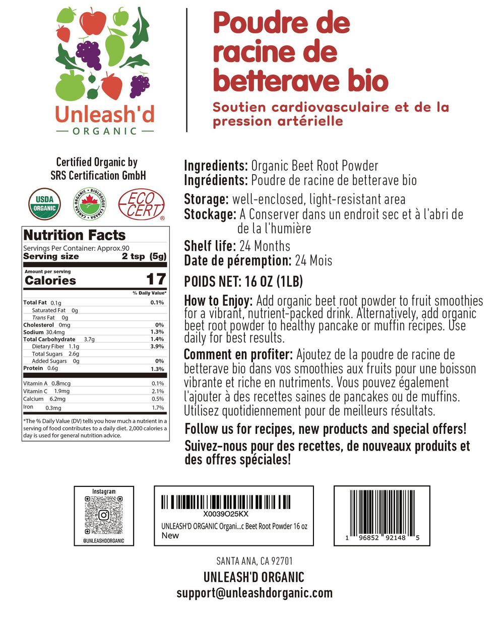UNLEASH'D ORGANIC Beet Root Powder packaging highlighting non-GMO and antioxidant-rich profile.