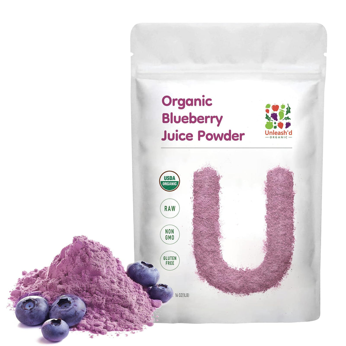 UNLEASH'D ORGANIC Blueberry Juice Powder bottle front showcasing antioxidants.