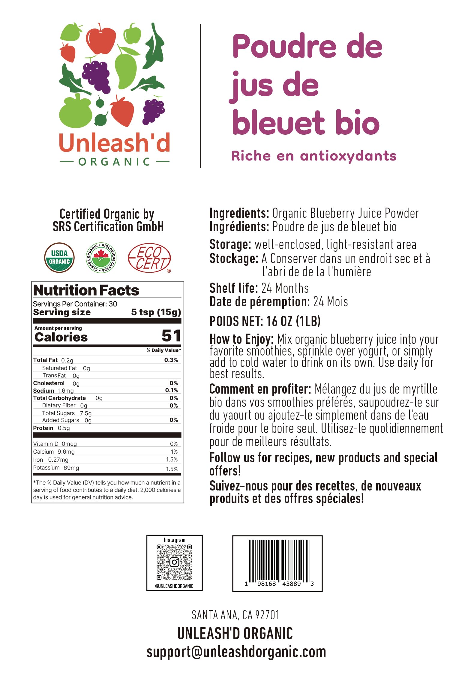 UNLEASH'D ORGANIC Blueberry Powder being poured for a quick antioxidant boost.