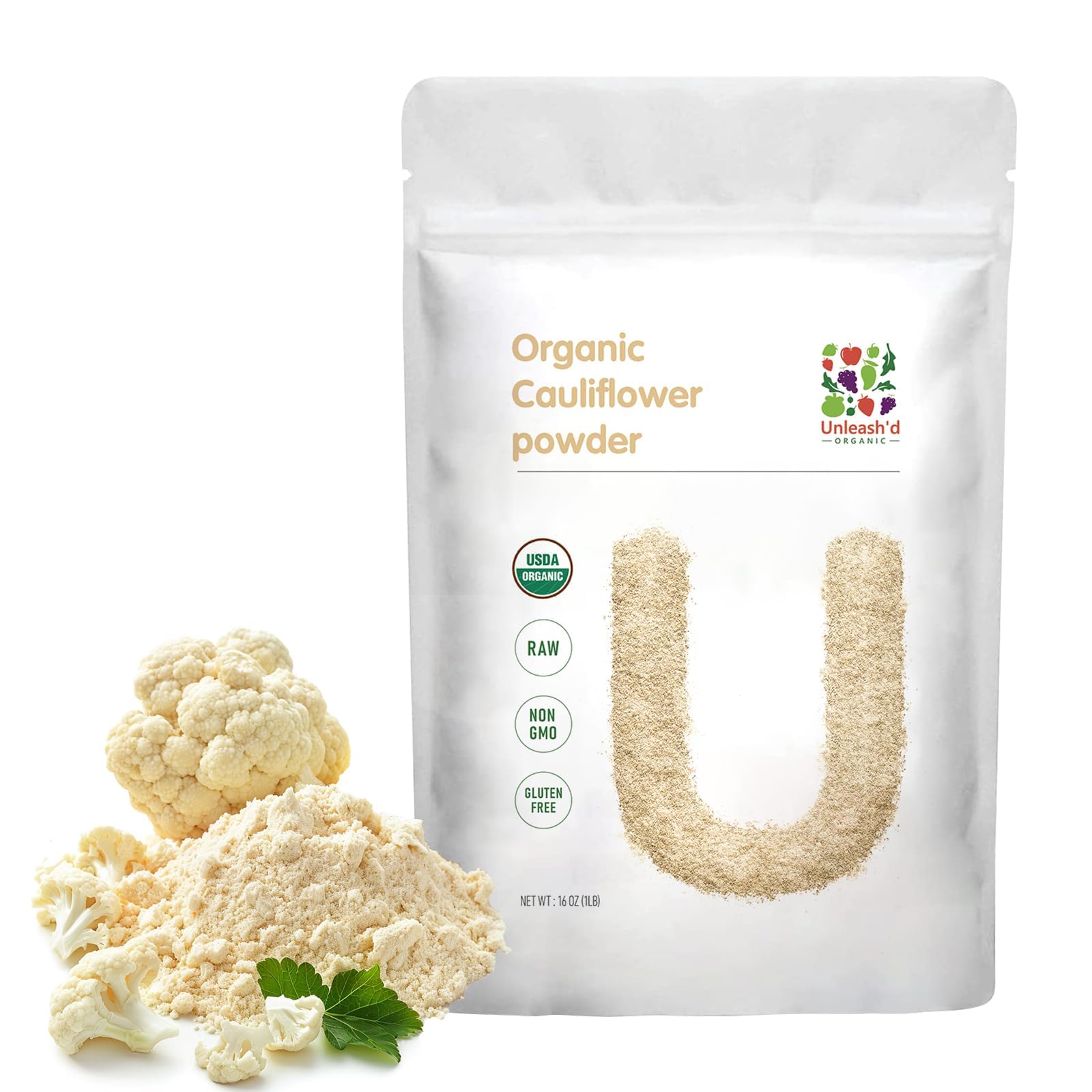 UNLEASH'D Organic Cauliflower Powder in a mixing bowl for smooth, low-carb meals.
