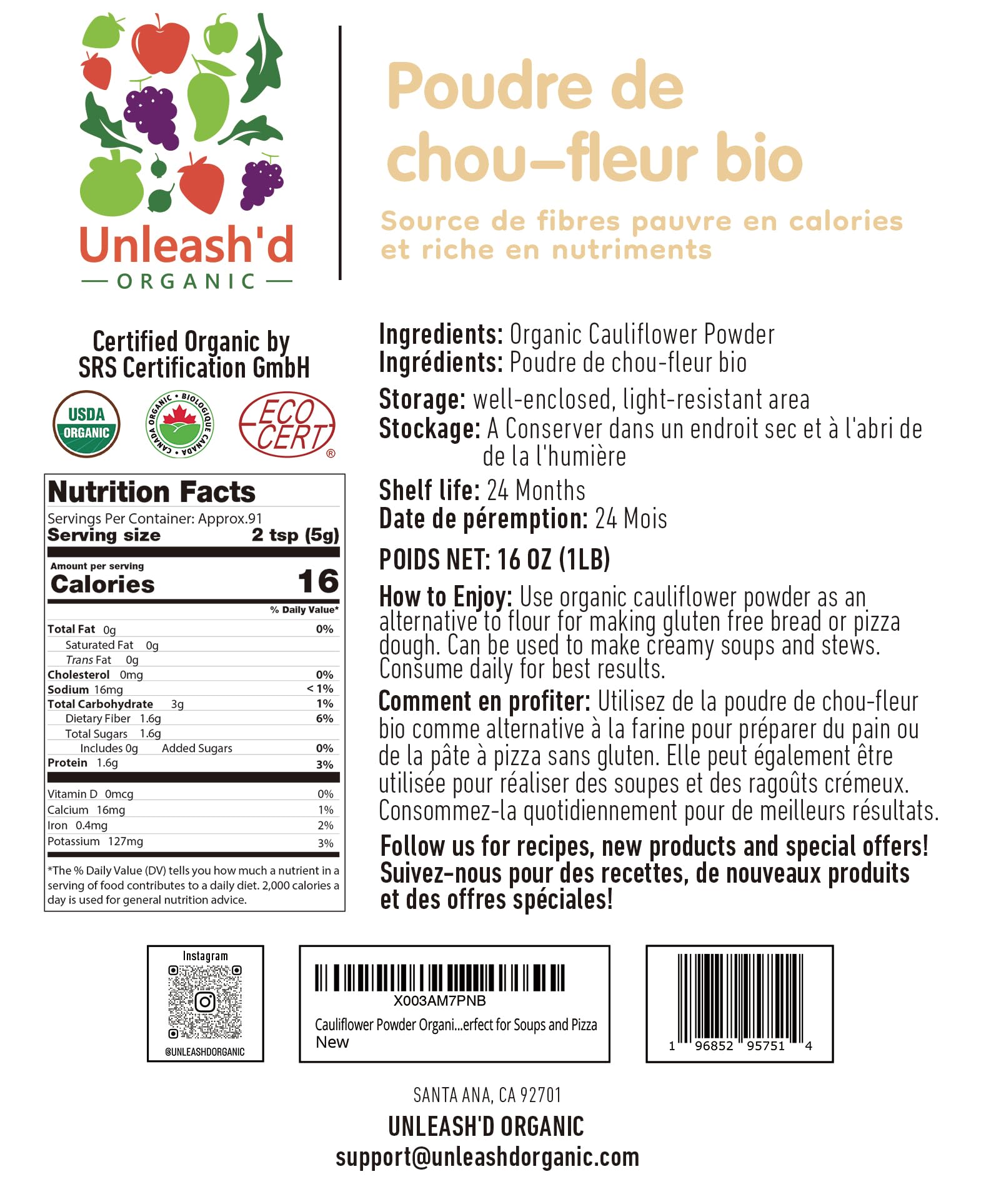 UNLEASH'D Cauliflower Powder pours smoothly for smoothies and baking with fiber-rich nutrition.