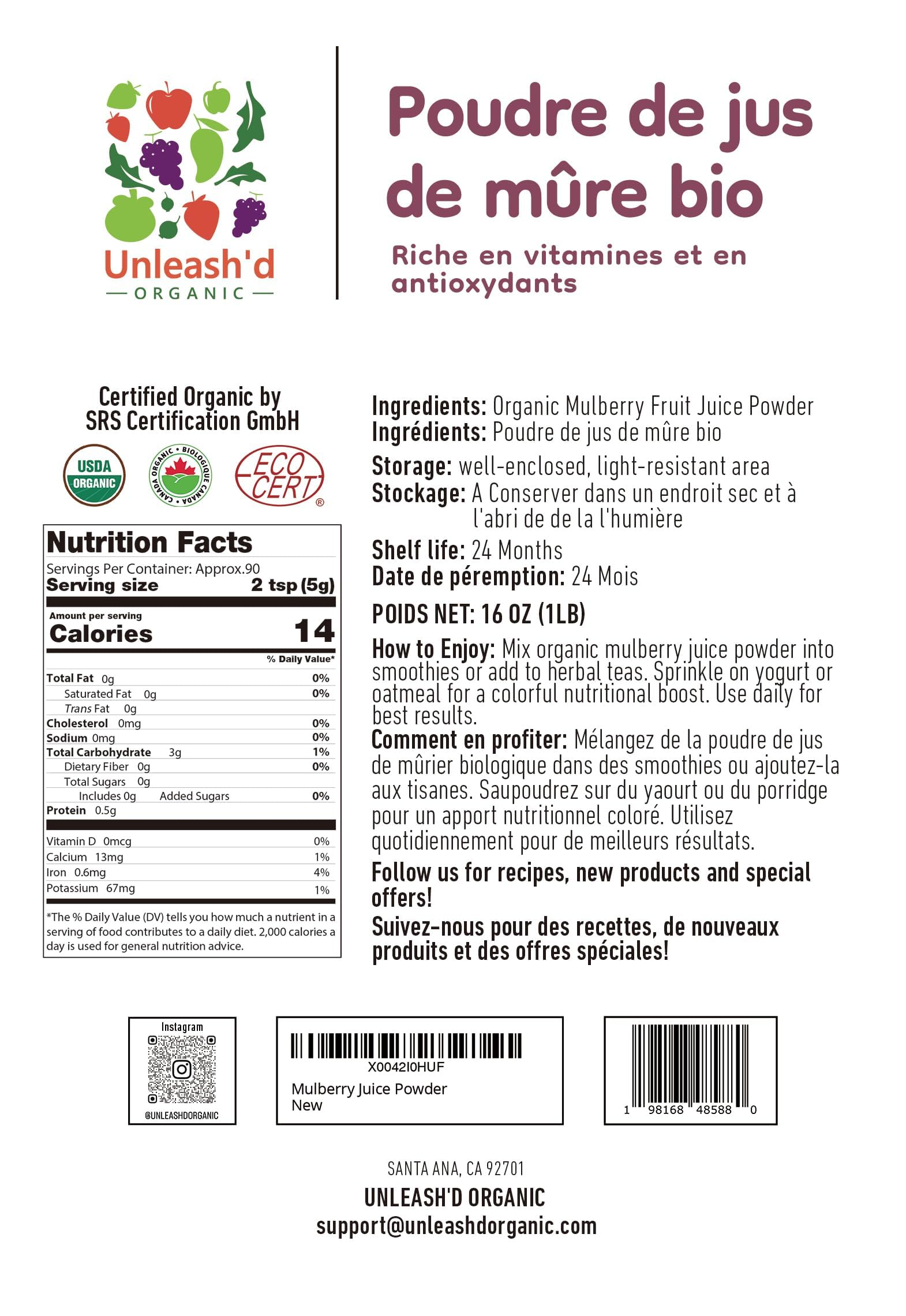 UNLEASH'D ORGANIC mulberry juice powder jar closeup—rich in nutrients