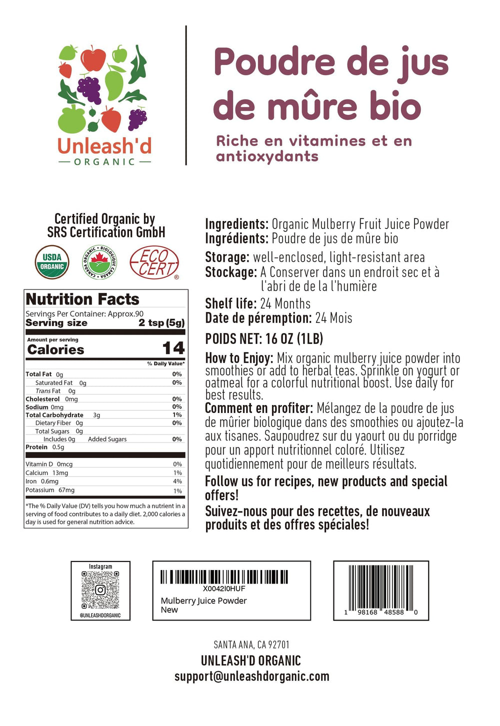 UNLEASH'D ORGANIC mulberry juice powder jar closeup—rich in nutrients