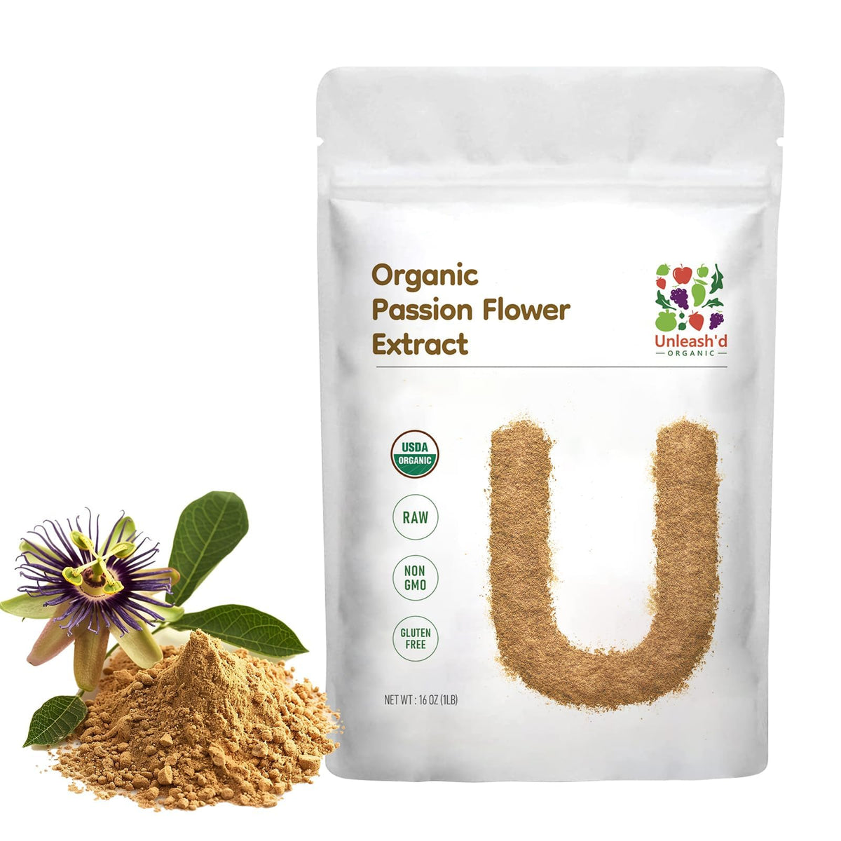 UNLEASH'D ORGANIC Passion Flower Extract Powder bottle shows premium organic quality for daily wellness.