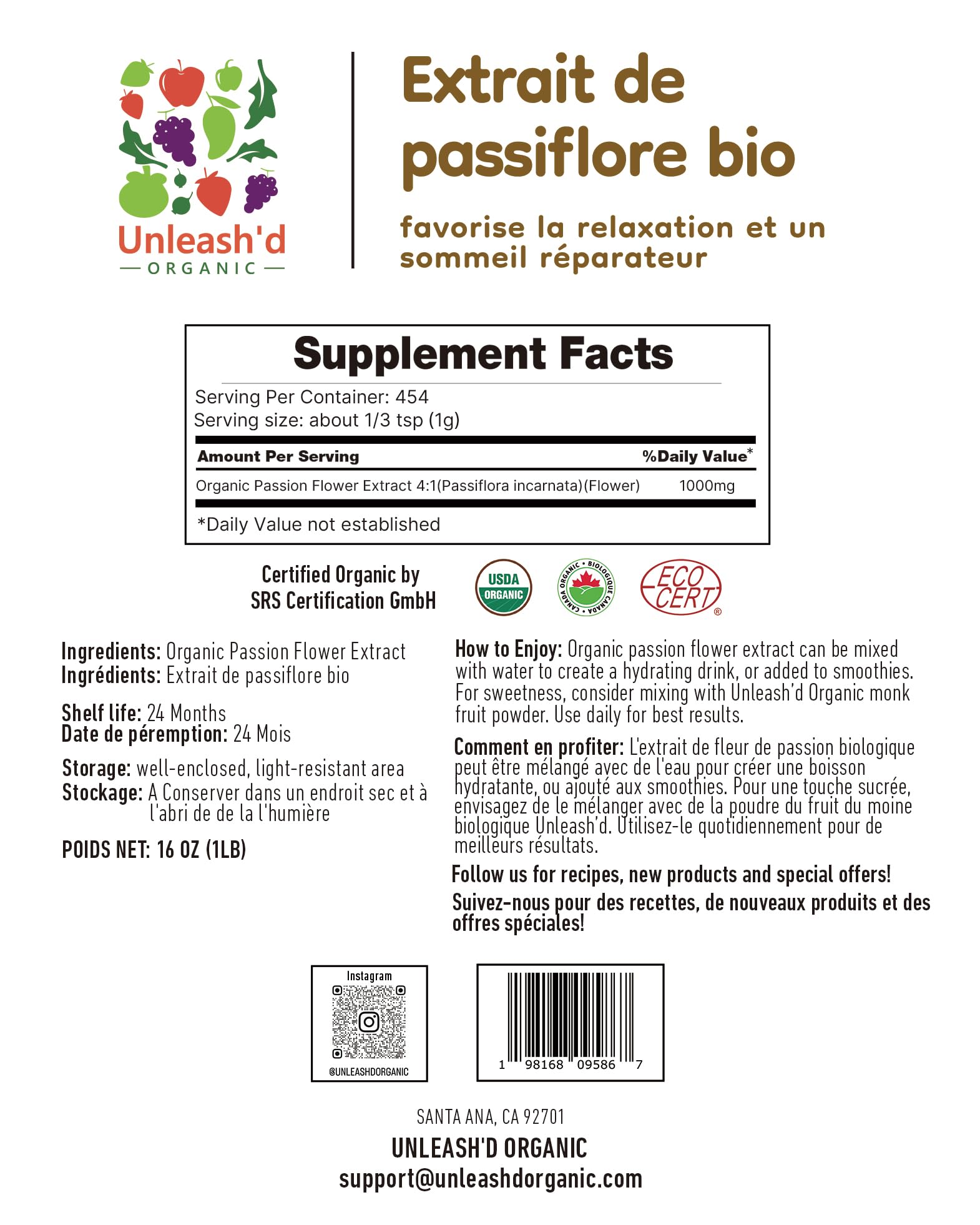 UNLEASH'D ORGANIC Passion Flower Extract Powder label closeup emphasizing organic certification and purity.