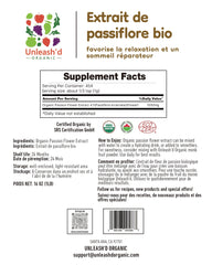 UNLEASH'D ORGANIC Passion Flower Extract Powder label closeup emphasizing organic certification and purity.