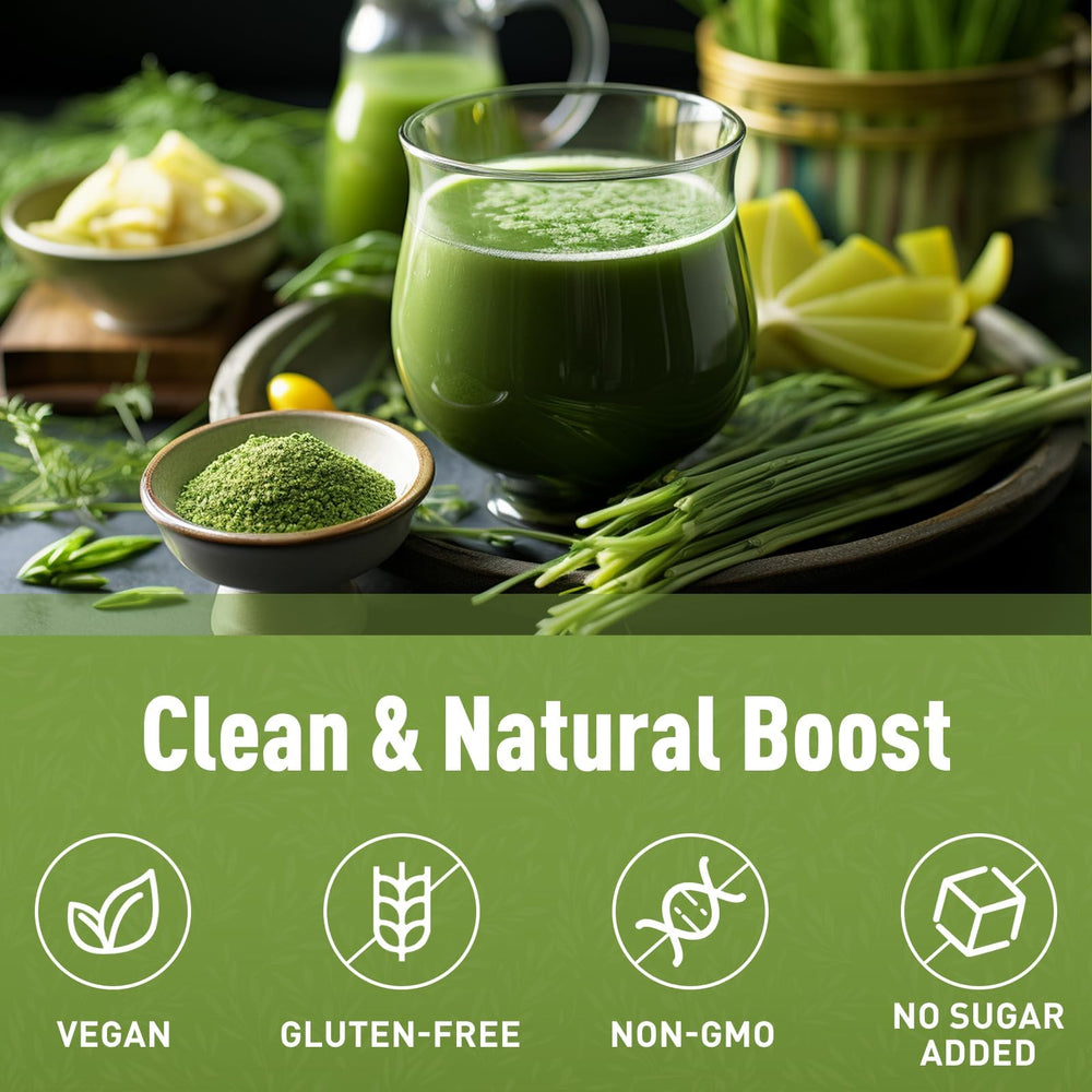 Unleash’d Organic Wheatgrass Powder closeup reveals vibrant green color and nutrients.