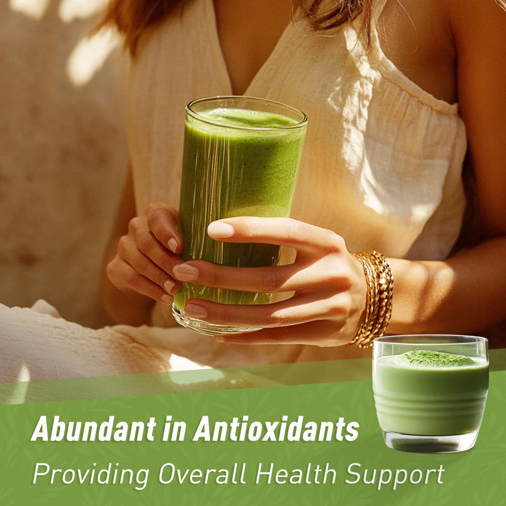Unleash’d Organic Wheatgrass Powder jar front emphasizes organic quality and freshness.