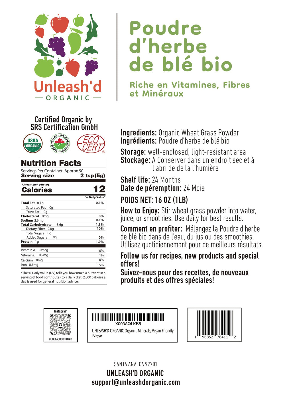 Unleash’d Organic Wheatgrass Powder scoop suggests convenient serving for smoothies.