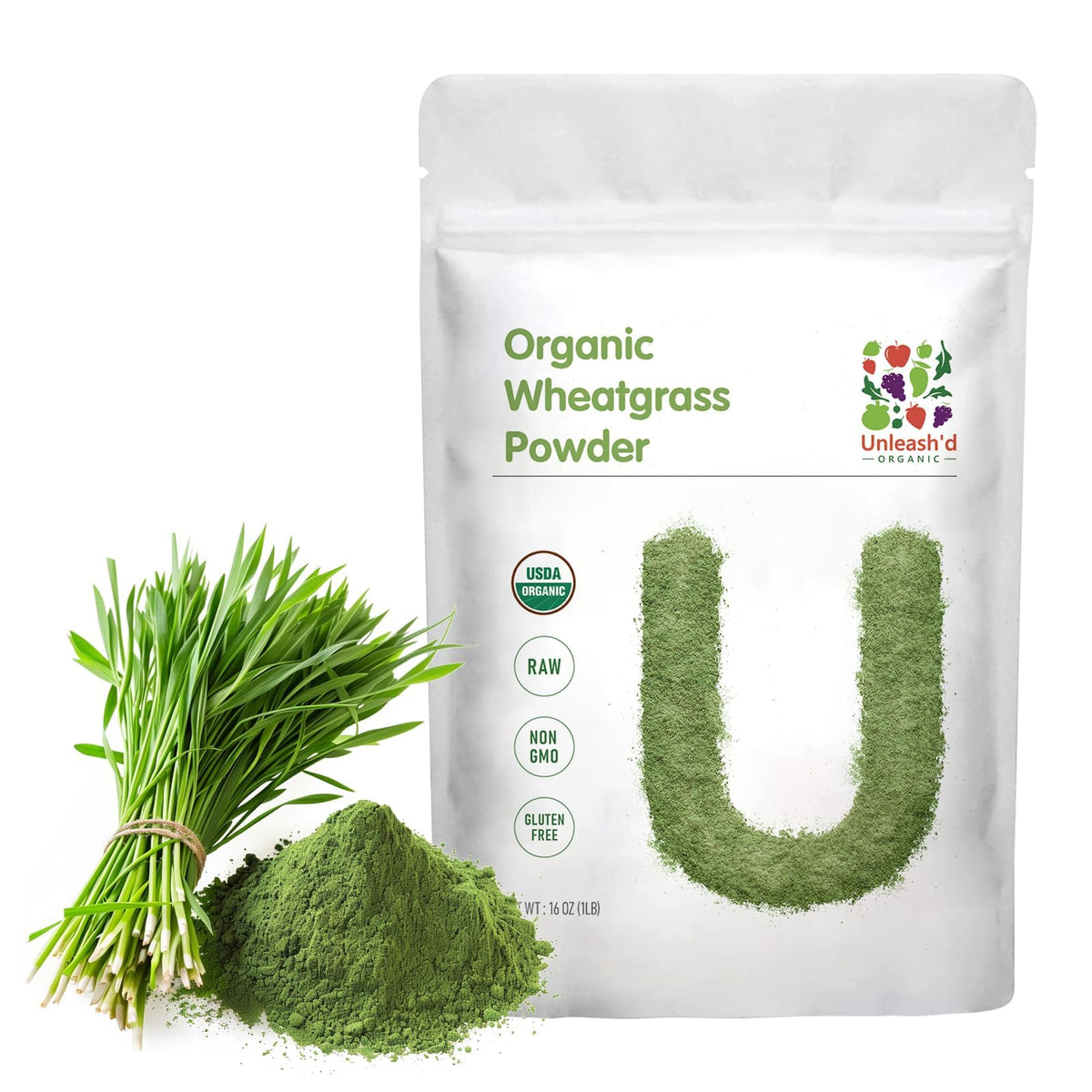 Unleash’d Organic Wheatgrass Powder tub shows rich vitamins for daily wellness.