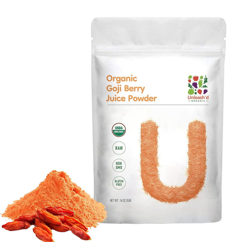 UNLEASH'D Organic Goji Berry Powder jar for antioxidant-rich daily nourishment