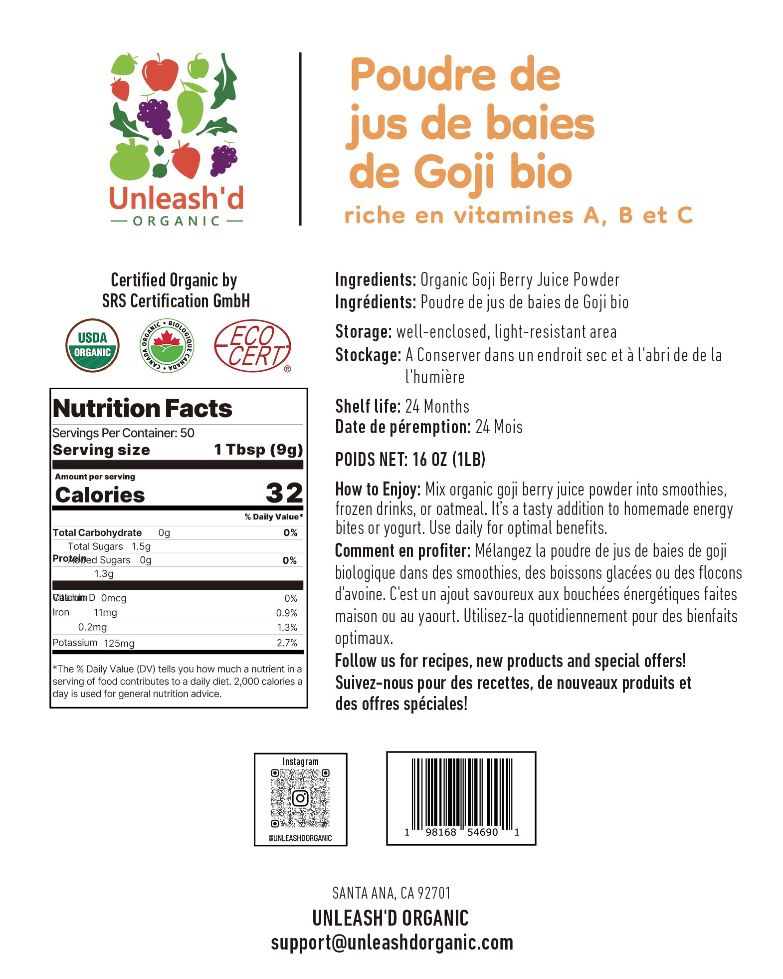 UNLEASH'D Organic Goji Berry Powder scoop ideal for precise smoothies