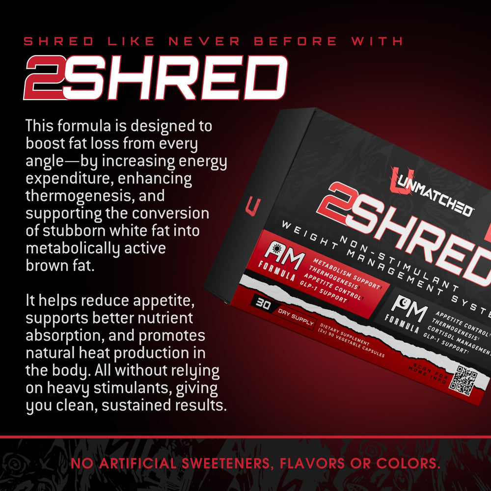 Unmatched 2Shred AM ingredients visual highlighting thermogenesis components.