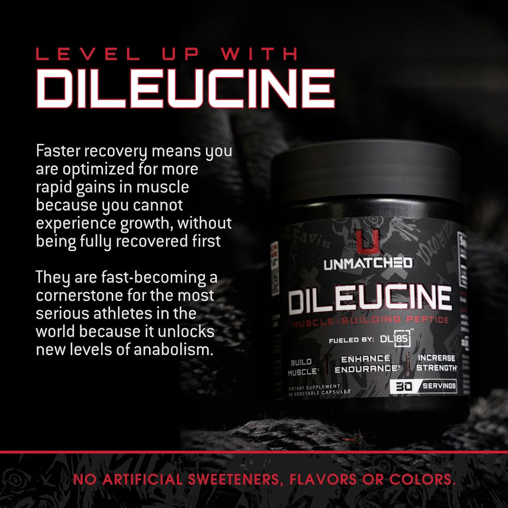 Unmatched Dileucine vegetarian capsules ready for workouts.