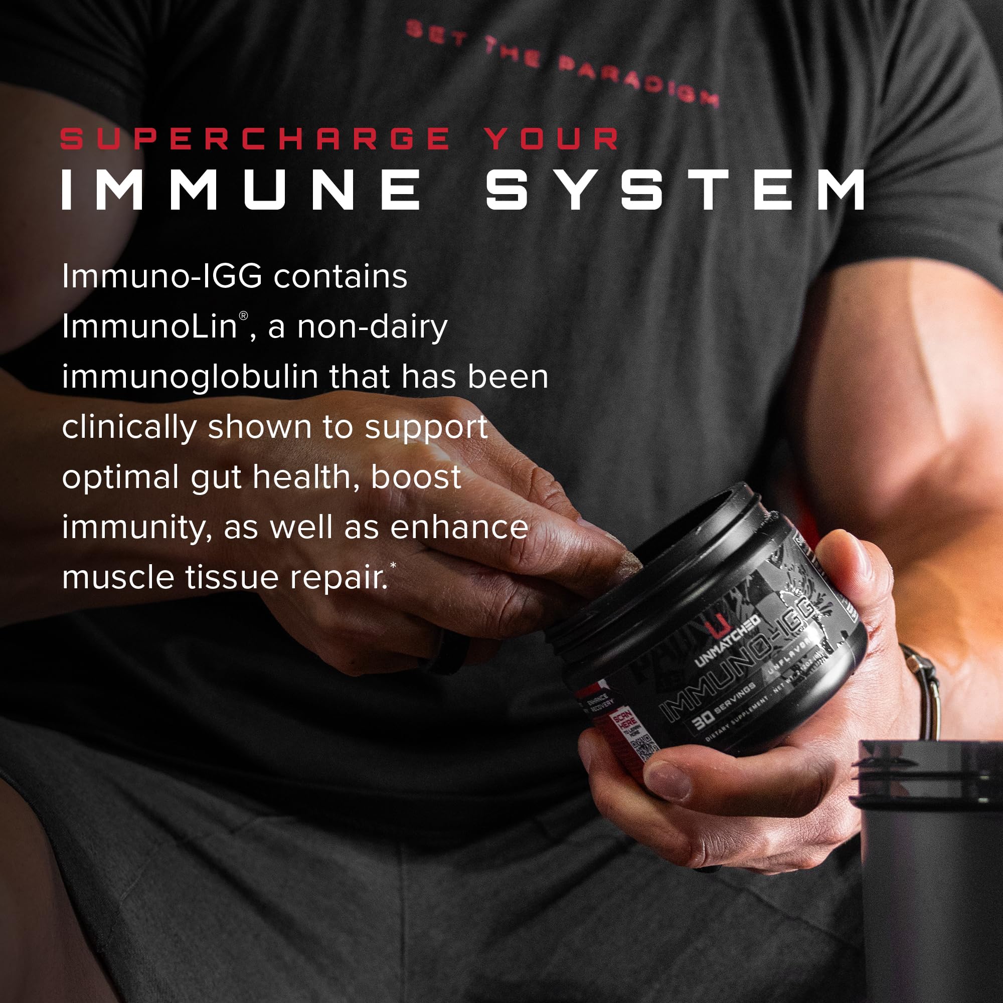 Close-up of ImmunoLin labeling on Unmatched Immuno-IGG bottle indicating immune support.