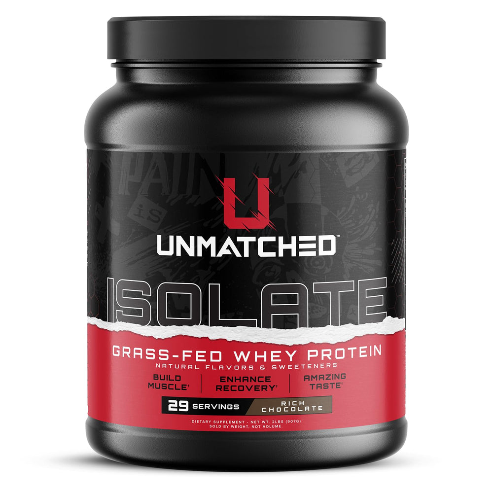 Unmatched Isolate grass-fed whey bottle showing purity and post-workout potential