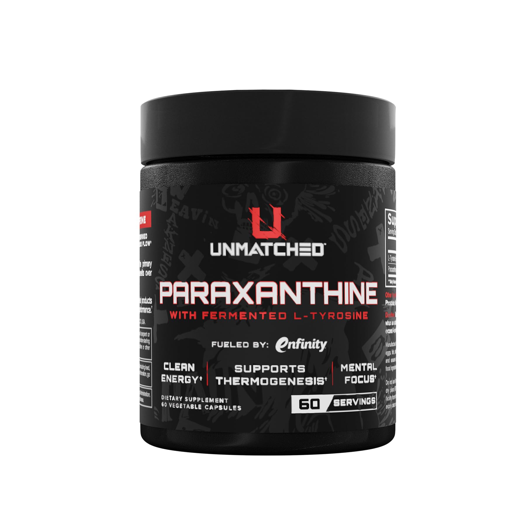 Unmatched Paraxanthine bottle with fermented tyrosine showing clean energy potential.