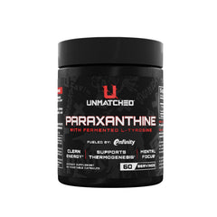 Unmatched Paraxanthine bottle with fermented tyrosine showing clean energy potential.