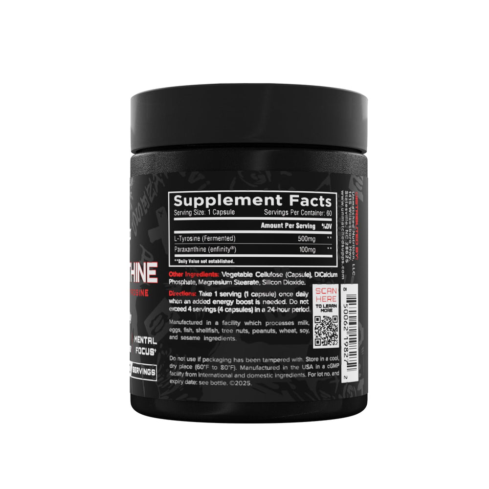 Front packaging of Unmatched Paraxanthine in a minimalist design.