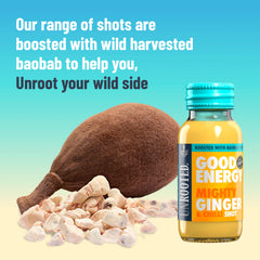 Unrooted Good Energy Shot 12-pack box on kitchen counter for ready energy