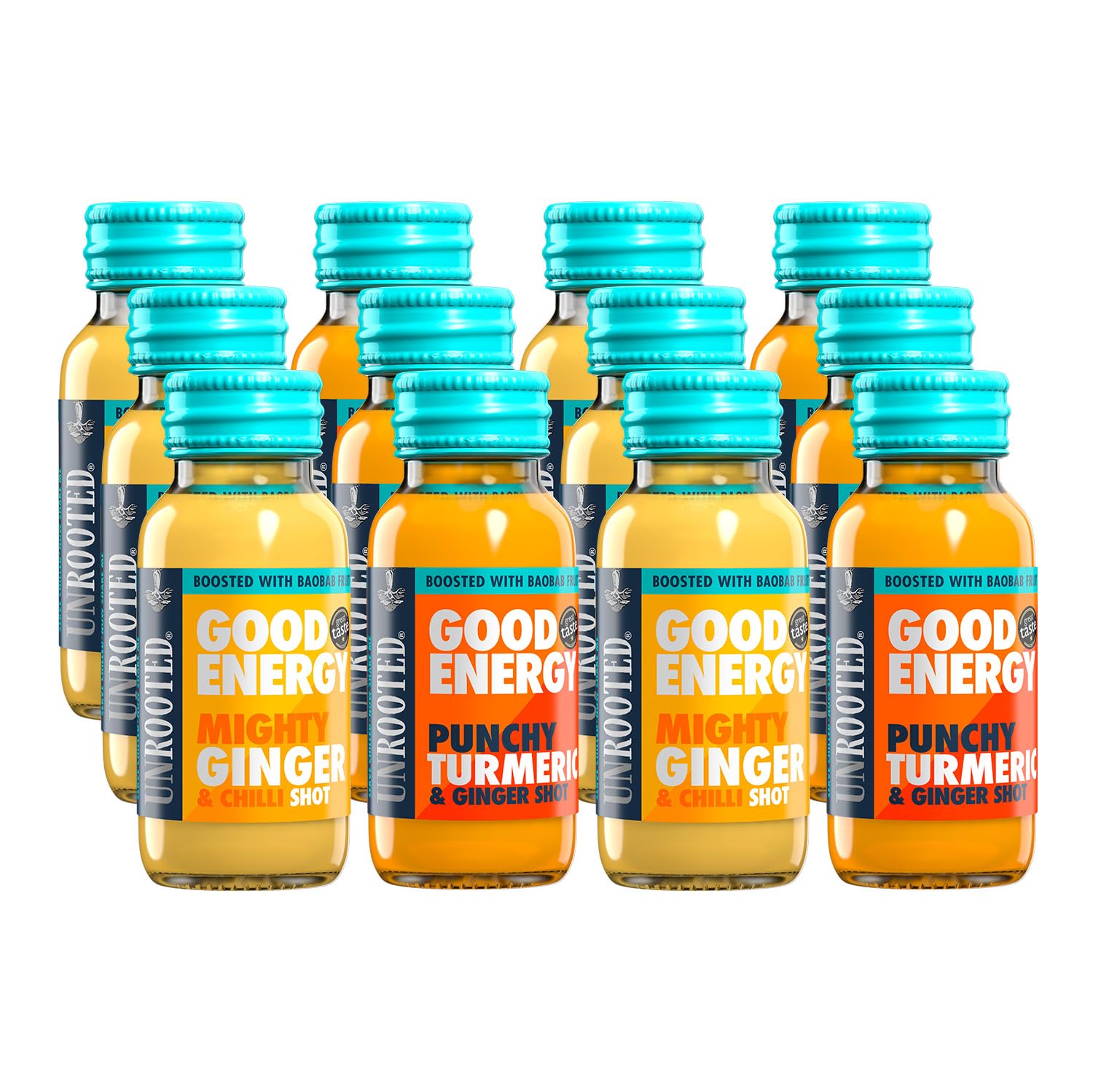 UNROOTED Good Energy Shot ginger bottle for on-the-go vitality and flavor.