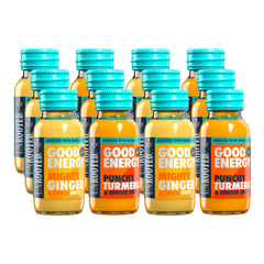 UNROOTED Good Energy Shot ginger bottle for on-the-go vitality and flavor.